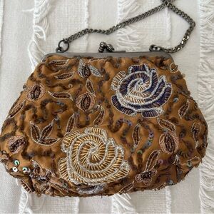 Bronze Embroidered Floral Clutch in Brown and Blue